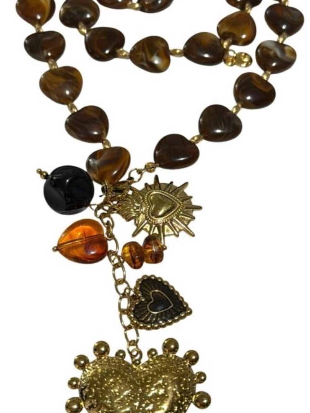 Gold-Tone Heart Charm Necklace with Amber Beads - Women's Jewelry